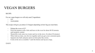 VEGAN BURGERS
RECIPE:
For our vegan burgers we will only need 2 ingredients:
- rice
- sweet potato
-
This recipe will give you about 2-3 burgers depending on how big you want them.
- Preheat the oven at 425º
- Prick the potatoes with a fork and leave in the oven for about 40-50 minutes
until properly cooked.
- Meanwhile cook some rice (water and rice in the stove, for about 20 minutes)
- When both are done, mix the two together until you get a nice consistent paste.
- Separate into balls and press down to form patty like circles.
- Cook on the stove at number 7 until the bottom and top are crispy.
ENJOY
4
 