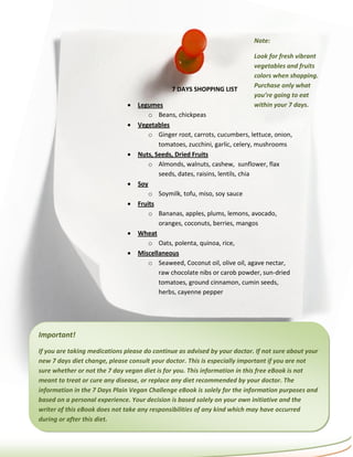 Note:

                                                                           Look for fresh vibrant
                                                                           vegetables and fruits
                                                                           colors when shopping.
                                                                           Purchase only what
                                              7 DAYS SHOPPING LIST
                                                                           you’re going to eat
                                  Legumes                                 within your 7 days.
                                       o Beans, chickpeas                  vegan challenge.
                                  Vegetables
                                       o Ginger root, carrots, cucumbers, lettuce, onion,
                                          tomatoes, zucchini, garlic, celery, mushrooms
                                  Nuts, Seeds, Dried Fruits
                                       o Almonds, walnuts, cashew, sunflower, flax
                                          seeds, dates, raisins, lentils, chia
                                  Soy
                                       o Soymilk, tofu, miso, soy sauce
                                  Fruits
                                       o Bananas, apples, plums, lemons, avocado,
                                          oranges, coconuts, berries, mangos
                                  Wheat
                                       o Oats, polenta, quinoa, rice,
                                  Miscellaneous
                                       o Seaweed, Coconut oil, olive oil, agave nectar,
                                          raw chocolate nibs or carob powder, sun-dried
                                          tomatoes, ground cinnamon, cumin seeds,
                                          herbs, cayenne pepper




Important!
If you are taking medications please do continue as advised by your doctor. If not sure about your
new 7 days diet change, please consult your doctor. This is especially important if you are not
sure whether or not the 7 day vegan diet is for you. This information in this free eBook is not
meant to treat or cure any disease, or replace any diet recommended by your doctor. The
information in the 7 Days Plain Vegan Challenge eBook is solely for the information purposes and
based on a personal experience. Your decision is based solely on your own initiative and the
writer of this eBook does not take any responsibilities of any kind which may have occurred
during or after this diet.
 