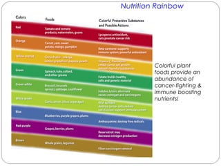 Nutrition Rainbow
Colorful plant
foods provide an
abundance of
cancer-fighting &
immune boosting
nutrients!
 