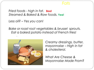 Fats
Fried foods - high in fat. Boo!
Steamed & Baked & Raw foods. Yea!
Less oil? – Yes you can!
Bake or roast root vegetables & brussel sprouts.
Eat a baked potato instead of French fries!
.
Creamy dressings, butter,
mayonnaise – High in fat
& cholesterol.
What Are Cheese &
Mayonnaise Made From?
 