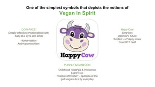 COW-FACE
Deeply effective emotional tool with
baby like eyes and smile
Humanisation
Anthropomorphism
PURPLE & CARTOON
Childhood nostalgia & innocence
Lighten up
Positive affirmation - opposite of the
guilt vegans live by everyday
HappyCow
Simplicity
Optimistic future
Subtext - unhappy cows
Cow NOT beef
One of the simplest symbols that depicts the notions of
Vegan in Spirit
 
