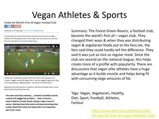 Vegan Athletes & Sports
http://www.peta.org.uk/blog/inside-
the-worlds-first-all-vegan-football-club/
Summary: The Forest Green Rovers, a football club,
became the world’s first all – vegan club. They
changed their ways & when they was distributing
vegan & vegetarian foods out to the fans etc, the
fans said they could hardly tell the difference. They
said it was just as nice as regular meat. Since the
club are second on the national league, this helps
create more of a profile with popularity. There are
discussions that vegan elite athletes have a huge
advantage as it builds muscle and helps being fit
with consuming large amounts of fat.
Tags: Vegan, Vegetarian, Healthy,
Diet, Sport, Football, Athletes,
Famour
 