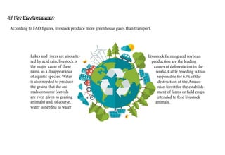 4/ For Environment
Livestock farming and soybean
production are the leading
causes of deforestation in the
world. Cattle breeding is thus
responsible for 63% of the
destruction of the Amazo-
nian forest for the establish-
ment of farms or field crops
intended to feed livestock
animals.
Lakes and rivers are also alte-
red by acid rain, livestock is
the major cause of these
rains, so a disappearance
of aquatic species. Water
is also needed to produce
the grains that the ani-
mals consume (cereals
are even given to grazing
animals) and, of course,
water is needed to water
According to FAO figures, livestock produce more greenhouse gases than transport.
 