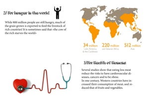 2/ For hunger in the world
3/For Health of Humans
While 800 million people are still hungry, much of
the grain grown is exported to feed the livestock of
rich countries! It is sometimes said that «the cow of
the rich starves the world»
Several studies show that eating less meat
reduce the risks to have cardiovascular di-
seases, cancers and to be obese.
In one century, Western countries have in-
creased their consumption of meat, and re-
duced that of fruits and vegetables.
 