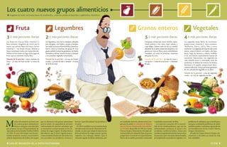 Los cuatro nuevos grupos alimenticios
    Asegúrese de incluir una buena fuente de vitamina B12, como los cereales enriquecidos o suplementos vitamínicos.




             Fruta                                                    Legumbres                                                                                          Granos enteros                                                             Vegetales
3 ó más porciones diarias                                2 ó más porciones diarias                                                                                                 5 ó más porciones diarias                            4 ó más porciones diarias
Las frutas son ricas en fibra, vitamina C y              Las legumbres, otro de los nombres utilizados                                                                             Este grupo incluye pan, arroz, tortillas, pasta,     Los vegetales están llenos de nutrientes,
beta-caroteno. Asegúrese de incluir por lo               para designar a los frijoles, arvejas y lentejas,                                                                         cereal caliente o frío, maíz, mijo, cebada, y        proporcionan vitamina C, beta-caroteno,
menos una porción diaria de frutas ricas en              son todas una buena fuente de ﬁbra, proteínas,                                                                            trigo bulgur. Elabore cada una de sus comidas        riboflavina, hierro, calcio, fibra y otros
vitamina C--- las frutas cítricas, melones y             hierro, calcio y vitaminas del grupo B. Este                                                                              alrededor de un plato sustancioso de granos. Los     nutrientes. Los vegetales de hoja de color verde
fresas constituyen todos una buena elección.             grupo también incluye los garbanzos, los frijoles                                                                         granos son ricos en ﬁbra y otros carbohidratos       oscuro, como el brócoli, col rizada o de hoja,
Preﬁera la fruta entera en lugar de los jugos de         horneados y refritos, la leche de soya, el tempeh                                                                         complejos, así como en proteínas, vitaminas          berza, hojas de mostaza y rábano, endibias
fruta, que no contienen mucha ﬁbra.                      y las proteínas vegetales texturizadas.                                                                                   del grupo B y zinc.                                  o col, son fuentes especialmente buenas de
                                                                                                                                                                                                                                        nutrientes importantes. Los vegetales de
Tamaño de la porción: 1 pieza mediana de                 Tamaño de la porción: 1⁄2 taza de frijoles                                                                                Tamaño de la porción: 1⁄2 taza de arroz u
                                                                                                                                                                                                                                        color amarillo oscuro y anaranjado como las
fruta • 1⁄2 taza de fruta cocida • 4 onzas de            cocidos • 4 onzas de tofu o tempeh • 8 onzas                                                                              otro grano • 1 onza de cereal seco • 1 rebanada
                                                                                                                                                                                                                                        zanahorias, la calabaza de invierno, las batatas
jugo                                                     de leche de soya                                                                                                          de pan
                                                                                                                                                                                                                                        (boniato) y el zapallo, proporcionan beta-
                                                                                                                                                                                                                                        caroteno adicional. Incluya porciones generosas
                                                                                                                                                                                                                                        de una variedad de vegetales en su dieta.
                                                                                                                                                                                                                                        Tamaño de la porción: 1 taza de vegetales
                                                                                                                                                                                                                                        crudos • 1⁄2 taza de vegetales cocidos.




           uchos de nosotros crecimos con          que el colesterol y las grasas representan       lácteos, específicamente las proteínas y     en cantidades menores, plantea serios ries-     cantidades sustanciales de ﬁbra.             problemas de sobrepeso, que contribuyen a
           los cuatro grupos alimenticios          para la salud y la capacidad de prevenir         el calcio.                                   gos para la salud, la Comisión de Médicos         Los mayores causantes de la mortali-       una gran cantidad de problemas de salud,
           básicos antiguos introducidos           enfermedades de muchos nutrientes que               El USDA modiﬁcó sus recomendaciones       para la Práctica Responsable de la Medici-      dad de los estadounidenses, que son las      también pueden controlarse siguiendo las
por primera vez por el Departamento de             se encuentran exclusivamente en los ali-         introduciendo la Guía de Alimentos en Pi-    na (PCRM) desarrolló en 1991 los Cuatro         enfermedades cardiacas, el cáncer y los      recomendaciones de los Cuatro Nuevos
Agricultura de los Estados Unidos (USDA)           mentos de origen vegetal. También hemos          rámide, un plan que redujo la importancia    Nuevos Grupos Alimenticios. Este plan ali-      accidentes cerebrovasculares, tienen una     Grupos Alimenticios.
en 1956. El paso del tiempo nos ha per-            descubierto que el reino vegetal propor-         de los productos de origen animal y grasas   menticio libre de colesterol, bajo en grasas,   incidencia signiﬁcativamente menor entre       ¡Pruebe los Cuatro Nuevos Grupos Ali-
mitido aumentar nuestro conocimiento               ciona excelentes fuentes de nutrientes una       vegetales. Sin embargo, debido a que el      proporciona el total de los requerimientos      las personas que consumen dietas basadas     menticios y descubra un modo de vida
sobre la importancia de la ﬁbra, los riesgos       vez asociados con productos cárnicos y           consumo regular de dichos alimentos, aún     diarios de un adulto promedio, incluyendo       principalmente en productos vegetales. Los   más saludable!

8 GUÍA DE INICIACIÓN DE LA DIETA VEGETARIANA                                                                                                                                                                                                                                  PCRM 9
 