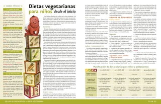 menús típicos
                                               Dietas vegetarianas                                                       es la que menos probabilidades tiene de
                                                                                                                         producir alergias. Luego, ofrézcale cerea-
                                                                                                                         les de avena o cebada. La mayoría de los
                                                                                                                                                                            de casa, los ayudará a evitar los peligros
                                                                                                                                                                            en las comidas que generalmente originan
                                                                                                                                                                            sobrepeso y problemas de salud en los
                                                                                                                                                                                                                             garbanzos, así como productos a base de
                                                                                                                                                                                                                             soya como el tofu, las hamburguesas de
                                                                                                                                                                                                                             vegetales, rebanadas de emparedados o de

                                               para niños desde el inicio
       1 a 4 años de edad                                                                                                pediatras recomienda no introducir trigo           adolescentes.                                    “salchichas” de soya y tempeh,
Desayuno: Avena con puré de manzana,                                                                                     en la alimentación del niño hasta tenga por          Los requerimientos calóricos varían de         • Una porción de legumbres equivale a
jugo de naranja enriquecido con calcio                                                                                   lo menos 8 meses de edad, debido a que             niño a niño. A continuación le brindamos         1/2 taza de frijoles, tofu u otros elementos
Almuerzo: Frijoles pinto en puré, arroz,                                                                                 tiende a ser más alergénico.                       unas pautas generales.                           ( a menos que se especiﬁque una cantidad
                                                        Los hábitos alimenticios se ﬁjan en la niñez temprana. Las
plátano, leche de soya, palitos de zana-
horia
                                                      dietas vegetarianas le proporcionan a su niño la oportuni-         De 6 a 8 meses                                     grupos de alimentos                              determinada).
                                                      dad de aprender a disfrutar de una variedad de alimentos           • Introduzca los vegetales. Deben estar            Granos enteros                                   • Las leches no lácteas incluyen: la leche
Cena: Maíz, puré de batata (boniato), col                                                                                                                                                                                    materna y fórmulas a base de soya para in-
                                                      maravillosos y nutritivos. Estos alimentos proporcionan una        totalmente cocidos y hechos puré. Las              • Los granos enteros incluyen panes, ce-
al vapor, leche de soya                                                                                                                                                                                                      fantes y niños pequeños y leche de arroz y
                                                      nutrición excelente en todas las etapas de la niñez, desde el      papas, frijoles verdes, zanahorias o arvejas       reales calientes y fríos; pasta, granos coci-
Refrigerios: Durazno, Cheerios, leche                 nacimiento hasta la adolescencia.                                  son todas una buena opción.                                                                         soya, y leches a base de otros vegetales para
                                                                                                                                                                            dos, tales como arroz y cebada, y galletas.
de soya                                                                                                                                                                                                                      niños de mínimo 1 año de edad. Elija las
                                                      infantes                                                           • Introduzca las frutas. Pruebe con puré           • Una porción equivale a 1/2 taza de pasta,      leches de soya enriquecida, como Westsoy
       5 a 6 años de edad                                El mejor alimento para los recién nacidos es la leche materna
                                                                                                                         de plátano, aguacate, duraznos escurridos,         granos o cereal cocido, 3/4 a 1 taza de ce-      Plus TM , Enriched VitaSoyTM o EdensoyTM ,
                                                                                                                         o puré de manzana.                                 real listo para consumo, 1/2 bollo de pan
Desayuno: Arroz caliente con canela, plá-             y mientras más tiempo su bebé tome la leche materna, es mejor.                                                                                                         siempre que sea posible, o utilice otras
tano y leche de soya, trozos de naranja               Si no está dando de lactar a su bebé, una buena alternativa son    • Introduzca los panes. A los ocho meses           blanco o bagel, o 1 rebanada de pan.             leches enriquecidas a base de vegetales.
                                                      las fórmulas a base de soya y se encuentran en todos los lugares   de edad, la mayoría de los bebés pueden
Almuerzo: Chili de frijoles negros casi
                                                                                                                         comer galletas, pan y cereal seco.                 Vegetales                                        • Una porción de leche no láctea equivale
instantáneo (ver receta), jugo de man-                de expendio. No use la leche de soya comercial en el caso de                                                                                                           a 1 taza.
                                                                                                                         • Introduzca los alimentos ricos en pro-           • “Los vegetales de color verde oscuro”
zana, palitos de zanahoria, galletas de               infantes. Los bebés tienen requerimientos especiales y nece-
                                                                                                                         teínas. Igualmente, a los ocho meses, los          incluyen brócoli, col, espinaca, coles riza-     • Las nueces incluyen nueces enteras o
avena.                                                sitan una fórmula a base de soya, desarrollada especialmente
                                                                                                                         infantes pueden empezar a ingerir alimen-          das, nabo, mostaza y hojas de remolacha,         picadas, mantequillas de nueces, semillas
Cena: Frijoles al horno con trozos de “sal-           para satisfacer dichas necesidades.
                                                                                                                         tos con mayor valor proteico, como el tofu         col china (bok choy) y acelga suiza.             enteras y mantequillas de semillas.
chicha” de soya, papas al horno, espinaca,               Los infantes no necesitan más alimento que leche materna
                                                      o fórmula a base de soya durante los primeros seis meses de        o los frijoles, bien cocidos y hechos puré.        • “Otros vegetales” se reﬁere a todos los        • Se puede incluir de una a dos porciones
leche de soya, ensalada de fruta.
                                                      vida, y deben seguir tomando leche materna o leche en fórmu-                                                          otros vegetales, ya sean frescos o congela-      de nueces en una dieta saludable, pero son
Refrigerios: Mezcla de nueces y fruta
                                                      la por lo menos durante los 12 primeros meses. Los infantes
                                                                                                                         niños y adolescentes                               dos, crudos o cocidos.                           opcionales. Una porción de nueces o man-
seca (trail mix), galletas de agua (Gra-                                                                                    Los niños tienen grandes requerimien-                                                            tequilla de nueces equivale a 1 cucharada.
                                                      lactantes también requieren cerca de dos horas por semana de                                                          • Una porción de vegetales equivale a 1/2
ham), leche de soya                                                                                                      tos de calorías y nutrientes, pero sus estó-
                                                      exposición a los rayos solares para producir vitamina D, un                                                           taza de vegetales cocidos o 1 taza de vege-      Frutas
      7 a 12 años de edad                             gran estímulo para que Mami vuelva a su rutina de caminar.         magos son pequeños. Ofrézcale a su niño            tales crudos ( a menos que se especiﬁque
                                                                                                                         frecuentes refrigerios.                            una cantidad determinada).                       • Las frutas incluyen todas las frutas fres-
Desayuno: Smoothie de plátano y fre-                  Algunos infantes, especialmente aquellos que tienen la piel
                                                                                                                            Los adolescentes por lo general tienen                                                           cas o congeladas, crudas o cocidas y jugos
sas, pan fresco con mermelada, jugo de                oscura o viven en climas nublados podrían no producir vita-                                                           Legumbres, nueces, semillas
                                                                                                                         altos requerimientos de energía y muchas                                                            de frutas.
naranja enriquecido con calcio                        mina D en cantidad suﬁciente, en cuyo caso podrían requerir                                                           y leches no lácteas
                                                      suplementos de vitamina D.                                         actividades. Mantener opciones de refrige-                                                          • Una porción equivale a 1/2 taza de frutas
Almuerzo: Sabrosos Chili Mac (ver rece-                                                                                  rios saludables y deliciosos a mano y guiar        • La legumbres incluyen cualquier tipo de        cocidas o 1⁄2 taza de jugo de frutas, 1⁄4
                                                         Asimismo, las mujeres vegetarianas que están dando de lac-
ta), ensalada verde, pan                                                                                                 a los adolescentes para que elijan opciones        frijoles cocidos, como el pinto, “kidney”,       de frutas secas o 1 fruta ( a menos que se
                                                      tar, deberían asegurarse de incluir buenas fuentes de vitamina
Cena: Brócoli al vapor con levadura nu-               B12 en sus dietas, ya que la ingesta puede afectar los niveles     más bajas en grasas cuando coman fuera             lentejas, arvejas partidas, frijoles “navy” y    especiﬁque una cantidad determinada).
tricional de cerveza, zanahorias al vapor,            de producción de leche materna. Los alimentos enriquecidos
papas fritas horneadas, pudín de choco-
late (ver receta), leche de soya.
                                                      con cianocobalamina, la forma activa de la vitamina B12,
                                                      pueden proporcionar este nutriente en cantidades suﬁcientes.
                                                                                                                                         Planiﬁcación de dietas diarias para niños y adolescentes
Refrigerios: Palomitas de maíz, higos,                También se puede tomar un suplemento multivitamínico, si                                        1 a 4 años de edad              5 a 6 años de edad            7 a 12 años de edad           13 a 19 años de edad
mango                                                 se lo indica su médico. Debe lactarse al bebé con leche ma-
     13 a 19 años de edad                             terna o fórmula de soya para infantes por lo menos durante           Granos enteros,
                                                                                                                                                          4 porciones                     6 porciones                    7 porciones                   10 porciones
                                                      su primer año de vida.                                               panes, cereales
Desayuno: Bagel con mantequilla de                       Alrededor de los seis meses de edad, o cuando se haya dupli-
manzana, plátano, jugo de naranja enri-               cado el peso de su bebé, se pueden añadir otros alimentos a su                             2 a 4 cucharadas de vegetales    1/4 de taza de vegetales de     1 porción de vegetales de     1 a 2 porciones de vegetales
quecido con calcio                                    dieta. Los pediatras con frecuencia recomiendan empezar con
                                                                                                                             Vegetales de            de color verde oscuro             color verde oscuro             color verde oscuro            de color verde oscuro
Almuerzo: Burrito rápido de frijoles con                                                                                      color verde
                                                      un cereal enriquecido con hierro, alrededor de los 4 a 6 meses,       oscuro y otros           1⁄4 a 1⁄2 taza de otros         1⁄4 a 1⁄2 taza de otros         3 porciones de otros           3 porciones de otros
lechuga, tomate y guacamole (ver rece-                las reservas de hierro de los infantes, que son naturalmente al-                                      vegetales                       vegetales                     vegetales                       vegetales
ta), arroz, tortilla al horno, chips y salsa          tas al nacer, empiezan a disminuir. Añada un alimento nuevo
Cena: Brócoli, zanahoria, calabazas ama-              simple por vez, a intervalos de una a dos semanas.                                           1⁄4 a 1⁄2 taza de legumbres
                                                                                                                                                                                    1⁄2 a 1 taza de legumbres      2 porciones de legumbres      3 porciones de legumbres
                                                                                                                             Legumbres,
rillas y hongos dorados, espaguetis con                  Las siguientes pautas le brindarán un plan ﬂexible para          nueces, semillas y           3 porciones de leche
                                                                                                                                                                                  3 porciones de leche de soya   3 porciones de leche de soya   2 a 3 porciones de leche de
salsa marinara, ensalada de jícama (ver               añadir alimentos a la dieta de su bebé.                             leches no lácteas          materna, formula u otra
                                                                                                                                                                                      u otra leche no láctea         u otra leche no láctea     soya u otra leche no láctea
receta), leche de soya.                                                                                                                                   leche no láctea
                                                      De 5 a 6 meses
Refrigerios: Humus (ver receta) y zana-
                                                      • Introduzca el cereal para infantes enriquecido con hierro.
horias “miniatura”, smoothie de frutas,                                                                                         Frutas                   3⁄4 a 1 1⁄2 taza                  1 a 2 tazas                   3 porciones                    4 porciones
                                                      Pruebe el cereal de arroz en primer lugar, mezclado con un
LunaTM o Clif TM Bar
                                                      poquito de leche materna o fórmula a base de soya, pues            asegúrese de incluir una fuente de vitamina b12, como cualquier suplemento multivitamínico o cereales o leche de soya enriquecidos con vitaminas.


   12 GUÍA DE INICIACIÓN DE LA DIETA VEGETARIANA                                                                                                                                                                                                            PCRM 13
 