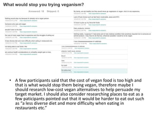 • A few participants said that the cost of vegan food is too high and
that is what would stop them being vegan, therefore maybe I
should research low-cost vegan alternatives to help persuade my
target market. I should also consider researching places to eat as a
few paticipants pointed out that it would be harder to eat out such
as “a less diverse diet and more difficulty when eating in
restaurants etc.”
 