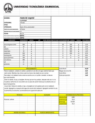 NOMBRE: risoto de vegetal
p. principal
CATEGORIA: entrada
# PAX: 6
UTENSILIOS: Bowl, chino, procesador
TIEMPODEALMACENAMIENTO: 12horas
TEMPERATURA DEALMACENAMIENTO:10C
FECHA: abr-15
PPMDESINFECCION DEEQUIPOS (CLORO):80PPM
PPMDESINFECCION DEALIMENTOS (YODO):20PPM
INGREDIENTE CANT. REQUERIDA RECETAUNIDAD APP ALERG /INTOLERMISE EN PLACEFACTOR MERMACANT. COMPRA UNIDAD COSTO PRODUCTO
arroz de grano corto 500 g 20 220 g 2,10
ajo 10 g 0 100 g 2,10
cebolla 6 g 0 100 g 2,10
esparrajos 10 g 0 500 g 1,20
zanahoria 250 g 0 250 cn 0,70
mantequilla 120 g 0 0 cn 0,01
queso parmesa 140 g 0 0 cn 0,01
vino blanco 300 g g 1,70
sal cn cn 0,01
pimienta cn cn 0,01
Costo Bruto 10,20
Pelar el calabacín, cortarlo en cubitos y ponerlo en una olla con agua caliente hasta que Margen de error 5% 0,20
esté cocido. Mientras mas chicos sean los trozos más rápido se va a cocinar. Costo Neto 2,20
Para saber si el calabacín esta cocido se pincha con un cuchillo o tenedor, la idea es Costo por porción 3,40
que esté blandito
Cortar la cebolla, el ajo y el jengibre. No hay que ser muy prolijos, después todo va a ir a la
licuadora. Sofreirlos en una sartén con un poco de aceite hasta que la cebolla este un
poco transparente.
Licuar todo: Colocar la cebolla, el ajo y el jengibre en la licuadora junto con el calabacín
cocido. Agregarle un poquito del agua de cocción del calabacín. Agregarle también la sal,
la pimienta y la cúrcuma. La consistencia es a gusto de cada uno
calorias (kcal) 2200
Procesar, saltear proteinas (g) 61,6
grasas (g) 122,08
carbohidratos (g) 42,3
PROCEDIMIENTO
TÉCNICAS GLOSARIO INFORMACION NUTRICIONAL
RESEÑA HISTORICA PUNTOS IMPORTANTES
 