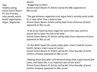 Tags
Healthy eating,
Forest Green Rovers
FC, Eco-Friendly,
solar panels, world
health organization,
Vegan, Vegetarian
Quotes
'Staggering numbers’
(Forest Green Rovers FC Article said by the BBC appeared on
Bbc.co.uk)
"The gap between vegetarian and vegan food is actually quite small;
it's a step rather than a leap to take.
(Forest Green Rovers Article said by Dale Vince chairman of team
appeared on Bbc.co.uk)
"A lot of our food has been vegan for some time now, and this
season we've taken the last small step.”
(Forest Green Rovers FC Article said by Dale Vince chairman of team
appeared on Bbc.co.uk)
"As the WHO report this week makes plain, meat is bad for human
health, being a major cause of cancer.
(Forest Green Rovers FC Article said by Mr. Vince founder of wind
turbine company appeared on Bbc.co.uk)
"Making these facts plain and demonstrating what a plant based diet
looks, and tastes like, is an important part of our work.”
(Forest Green Rovers FC Article said by Mr. Vince founder of wind
turbine company appeared on Bbc.co.uk)
 