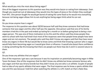Q5.
What would you miss the most about being vegan?
One of the biggest responses to this question was they would miss bacon or eating from takeaways. Even
though you could eat out at takeaways they would miss the types of pizza or the chicken they could get
from KFC. One person fought he would get bored of eating the same food so he would miss everything
because not being vegan allows him to eat anything but being vegan limits what he can eat.
Q6.
Do you know anyone how is vegan?
The response to this question was about 50/50 because half said they knew someone that had know
someone that was vegan and the other half was the opposite. One person said that one of his family
members tried this in the past and ended up lasting for a month or so before going back to being a non-
vegan person. This was one of there motivators to try this and the others said they knew people they
went to school with how had tried it but most of the responses were that people knew people how were
vegan and are not anymore. The people who said they didn’t know any vegans said that they have never
know any vegans in there life but would like to know some and think that knowing a person who is vegan
would help them becoming vegan as it would give them a influence. It would also boost there confidence
in doing something like this knowing that there are people out there how do it and it is second nature to
them.
Q7.
Do you know any athletes that are vegan?
One of the responses I got was a yes because it was his inspiration on potentially becoming vegan in Mike
Tyson the boxer. One of the responses that he didn’t know any athlete but know someone famous who
was vegan and that was Ariana Grande but they didn’t know any one who is an athlete. Couple of people
had no idea of any sports athletes that were vegan. The final response was he knew a sports athlete that
was and this was because I told him when watching the athlete in a UFC match an that is Nate Diaz.
 