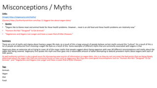 Misconceptions / Myths
Links:
(Image) https://veganuary.com/myths/
(Quotes) https://authoritynutrition.com/top-11-biggest-lies-about-vegan-diets/
• Quotes
• “Vegans like to blame meat and animal foods for these health problems. However… meat is an old food and these health problems are relatively new.”
• “Humans Are Not “Designed” to Eat Animals”
• “Vegetarians and Vegans Live Longer and Have a Lower Risk of Killer Diseases.”
Summary
There are a lot of myths and stigma about having a vegan life style, as a result of this a large amount of people believe certain myths around this “culture”. As a result of this a
lot of people are detoured from choosing a vegan life style as a result of this. Some examples of different myths that are commonly associated with vegans is that
Veganuary does an extensive job at trying to cover all of the major myths that people suggest about being veganism with over 60 different misconceptions and myths about the
vegan diet being covered. Veganuary first quotes the myth and then goes into a reasonable amount of detail attempting to debunk prevalent myths about vegans with each of
their points.
As well authority nutrition is also a good sauce for discovering new sources of information on vegan diets, this is as they do not just cover the bad points that are being falsely
advertised about the vegan diet that are commonly found on sites such as veganuary. But they also cover good misconceptions such as “Humans Are Not “Designed” to Eat
Animals” ,and “Vegetarians and Vegans Live Longer and Have a Lower Risk of Killer Diseases.”
Tags
Animals
Vegan
Diet
Food
 