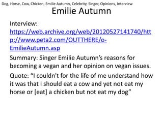 Emilie Autumn
Interview:
https://web.archive.org/web/20120527141740/htt
p://www.peta2.com/OUTTHERE/o-
EmilieAutumn.asp
Summary: Singer Emilie Autumn’s reasons for
becoming a vegan and her opinion on vegan issues.
Quote: “I couldn't for the life of me understand how
it was that I should eat a cow and yet not eat my
horse or [eat] a chicken but not eat my dog”
Dog, Horse, Cow, Chicken, Emilie Autumn, Celebrity, Singer, Opinions, Interview
 