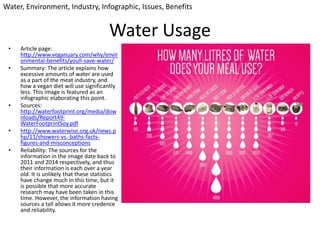 Water Usage
• Article page:
http://www.veganuary.com/why/envir
onmental-benefits/youll-save-water/
• Summary: The article explains how
excessive amounts of water are used
as a part of the meat industry, and
how a vegan diet will use significantly
less. This image is featured as an
infographic elaborating this point.
• Sources:
http://waterfootprint.org/media/dow
nloads/Report49-
WaterFootprintSoy.pdf
• http://www.waterwise.org.uk/news.p
hp/11/showers-vs.-baths-facts-
figures-and-misconceptions
• Reliability: The sources for the
information in the image date back to
2011 and 2014 respectively, and thus
their information is each over a year
old. It is unlikely that these statistics
have change much in this time, but it
is possible that more accurate
research may have been taken in this
time. However, the information having
sources a tall allows it more credence
and reliability.
Water, Environment, Industry, Infographic, Issues, Benefits
 