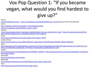Vox Pop Question 1: “If you became
vegan, what would you find hardest to
give up?”
Honey:
http://beefreehonee.com/ https://en.wikipedia.org/wiki/M%C4%81nuka_honey (Research more into Manuka)
Lamb:
http://vegweb.com/community/dine-n-dish/substitute-lamb
https://en.wikipedia.org/wiki/Wheat_gluten_(food)
Chicken:
http://www.onegreenplanet.org/vegan-food/vegetables-that-can-substitute-for-meat/ https://en.wikipedia.org/wiki/Tofu
http://www.frysvegetarian.co.uk/product/chicken-style-nuggets/
Steak:
http://www.chowhound.com/recipes/vegan-filet-mignon-13559
Leather Shoes:
http://www.drmartens.com/us/Men%252527s-Vegan-Boots-%252526-Shoes/VEGAN-1460/p/14045001
Dairy:
http://www.peta.org/living/food/dairy-replacements/ http://www.peta.org.uk/blog/10-vegan-cheeses-you-need-to-try-uk/
https://en.wikipedia.org/wiki/Soy_milk https://en.wikipedia.org/wiki/Almond_milk
Burger:
http://www.health.com/health/gallery/0,,20706085_4,00.html http://www.jamieoliver.com/recipes/vegetables-recipes/the-
best-vegan-burger/
Chocolate:
http://vegantown.co.uk/chocolate
Milkshake:
http://kblog.lunchboxbunch.com/2011/04/10-vegan-shake-recipes.html
Pizza:
http://www.peta.org/living/food/make-vegan-pizza/
 