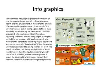 Info graphics
Some of these info graphics present information on
how the production of animals is destroying your
health and the environment. It mentions the amount
of water used to produce meats, for example “You
save more water by not eating a pound of beef than
you do by not showering for six months!”. The ‘Get
Vegucated’ info graphic provides information
regarding the ethics around being vegan, stating facts
behind the unnecessary killings of animals. It also
mentions the benefits to becoming vegan, both heath
and environmentally. Showing that 30% of the earths
landmass is dedicated to raising animals for food. The
health benefits to becoming vegan consist of an all
round improved well-being, lowering many health
risks such as diabetes, cancer and many more. It
shows the sources to where vegans can get their
vitamins and minerals without eating meat products.
 