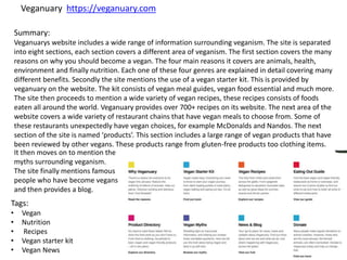Veganuary https://veganuary.com
Summary:
Veganuarys website includes a wide range of information surrounding veganism. The site is separated
into eight sections, each section covers a different area of veganism. The first section covers the many
reasons on why you should become a vegan. The four main reasons it covers are animals, health,
environment and finally nutrition. Each one of these four genres are explained in detail covering many
different benefits. Secondly the site mentions the use of a vegan starter kit. This is provided by
veganuary on the website. The kit consists of vegan meal guides, vegan food essential and much more.
The site then proceeds to mention a wide variety of vegan recipes, these recipes consists of foods
eaten all around the world. Veganuary provides over 700+ recipes on its website. The next area of the
website covers a wide variety of restaurant chains that have vegan meals to choose from. Some of
these restaurants unexpectedly have vegan choices, for example McDonalds and Nandos. The next
section of the site is named ‘products’. This section includes a large range of vegan products that have
been reviewed by other vegans. These products range from gluten-free products too clothing items.
It then moves on to mention the
myths surrounding veganism.
The site finally mentions famous
people who have become vegans
and then provides a blog.
Tags:
• Vegan
• Nutrition
• Recipes
• Vegan starter kit
• Vegan News
 