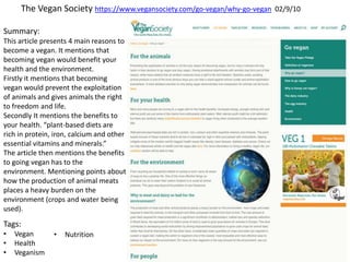 The Vegan Society https://www.vegansociety.com/go-vegan/why-go-vegan 02/9/10
Summary:
This article presents 4 main reasons to
become a vegan. It mentions that
becoming vegan would benefit your
health and the environment.
Firstly it mentions that becoming
vegan would prevent the exploitation
of animals and gives animals the right
to freedom and life.
Secondly It mentions the benefits to
your health. “plant-based diets are
rich in protein, iron, calcium and other
essential vitamins and minerals.”
The article then mentions the benefits
to going vegan has to the
environment. Mentioning points about
how the production of animal meats
places a heavy burden on the
environment (crops and water being
used).
Tags:
• Vegan
• Health
• Veganism
• Nutrition
 