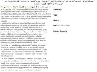 The Telegraph 18th May 2016 http://www.telegraph.co.uk/food-and-drink/news/number-of-vegans-in-
britain-rises-by-360-in-10-years/
Summary:
Tags:
Quotes:
Validation of sources:
Further Research:
 