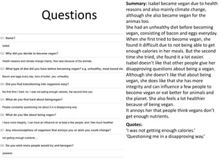 Questions
Summary: Isabel became vegan due to health
reasons and also mainly climate change,
although she also became vegan for the
animas too.
She had an unhealthy diet before becoming
vegan, consisting of bacon and eggs everyday.
When she first tried to become vegan, she
found it difficult due to not being able to get
enough calories in her meals. But the second
time she tried, she found it a lot easier.
Isabel doesn’t like that other people give her
disapproving questions about being a vegan.
Although she doesn’t like that about being
vegan, she does like that she has more
integrity and can influence a few people to
become vegan or eat better for animals and
the planet. She also feels a lot healthier
because of being vegan.
It annoys her that people think vegans don’t
get enough nutrients.
Quotes:
‘I was not getting enough calories.’
‘Questioning me in a disapproving way.’
 