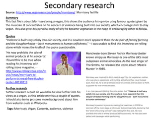 Secondary research
Source: http://www.veganuary.com/people/morrissey/ Morrissey factfile
Summary
This fact file is about Morrissey being a vegan, this shows the audience his opinion using famous quotes given by
the musician. It concentrates on his concern of violence being built into our society, which encourages him to stay
vegan. This also gives his personal story of why he became vegetarian in the hope of encouraging other to follow.
Quotes
“Violence is built very solidly into our society, and it is nowhere more apparent than the despair of factory farming
and the slaughterhouse – both monuments to human selfishness.” – I was unable to find this interview on rolling
stone which makes the truth of the quote questionable.
‘He now prohibits the sale of
animal products at his concerts.’
I found this to be true when
reading his interview with
rolling stone magazine. -
http://www.rollingstone.com/m
usic/news/morrissey-to-
perform-at-meat-free-staples-
center-20130219
Further research
further research I could do would be to look further into his
views as a vegan, as this article only has a couple of quotes.
I should also try to get some more background about him
from websites such as Wikipedia.
Tags: Morrissey, Vegan, Concerts, audience, violence
 