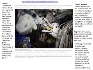 Tags: Foie Gras, ducks,
geese, ten times, illegal
in UK, 97%, 3%, 37
million, 700,000, one or
two days,
Summary: This article
on Veganury’s
website contains
information about
the process behind
the creation of
French luxury dish
Foie Gras and what
effect is has on the
ducks and as well as
other cruel
treatments they face.
Quotes:
“Up to three
times a day, a
tube is pushed
down their
throats and
food is forced
into their
stomachs.”
“Their livers
swell up to ten
times their
natural size”
“97% of Foie
Gras is from
ducks, with the
remaining 3%
taken from
geese.”
“Estimated
figures suggest
that this
equates to 37
million ducks
and 700,000
geese.”
Further research:
Further research into
this case will allow me
to find out more about
how ducks and geese
are treated in the
process of making Foie
Gras and what action is
being taken to help get
it banned in the UK and
worldwide.
http://www.veganuary.com/why/animals/ducks/
 
