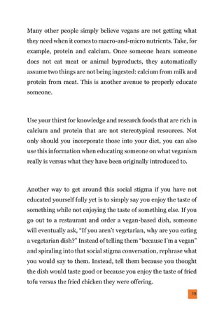 15
Many other people simply believe vegans are not getting what
they need when it comes to macro-and-micro nutrients. Take, for
example, protein and calcium. Once someone hears someone
does not eat meat or animal byproducts, they automatically
assume two things are not being ingested: calcium from milk and
protein from meat. This is another avenue to properly educate
someone.
Use your thirst for knowledge and research foods that are rich in
calcium and protein that are not stereotypical resources. Not
only should you incorporate those into your diet, you can also
use this information when educating someone on what veganism
really is versus what they have been originally introduced to.
Another way to get around this social stigma if you have not
educated yourself fully yet is to simply say you enjoy the taste of
something while not enjoying the taste of something else. If you
go out to a restaurant and order a vegan-based dish, someone
will eventually ask, “If you aren’t vegetarian, why are you eating
a vegetarian dish?” Instead of telling them “because I’m a vegan”
and spiraling into that social stigma conversation, rephrase what
you would say to them. Instead, tell them because you thought
the dish would taste good or because you enjoy the taste of fried
tofu versus the fried chicken they were offering.
 