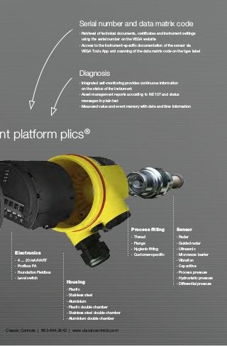 Serial number and data matrix code
▪▪ Retrieval of technical documents, certificates and instrument settings
using the serial number on the VEGA website
▪▪ Access to the instrument-specific documentation of the sensor via
VEGA Tools App and scanning of the data matrix code on the type label
Diagnosis
▪▪ Integrated self-monitoring provides continuous information
on the status of the instrument
▪▪ Asset management reports according to NE 107 and status
messages in plain text
▪▪ Measured value and event memory with date and time information
Sensor
▪▪ Radar
▪▪ Guided radar
▪▪ Ultrasonic
▪▪ Microwave barrier
▪▪ Vibration
▪▪ Capacitive
▪▪ Process pressure
▪▪ Hydrostatic pressure
▪▪ Differential pressure
Process fitting
▪▪ Thread
▪▪ Flange
▪▪ Hygienic fitting
▪▪ Customer-specificElectronics
▪▪ 4 … 20 mA/HART
▪▪ Profibus PA
▪▪ Foundation Fieldbus
▪▪ Level switch
Housing
▪▪ Plastic
▪▪ Stainless steel
▪▪ Aluminium
▪▪ Plastic double chamber
▪▪ Stainless steel double chamber
▪▪ Aluminium double chamber
nt platform plics®
Classic Controls | 863-644-3642 | www.classiccontrols.com
 