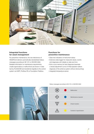 7
Status messages according to NE 107 or VDI/VDE 2650
Malfunction
Maintenance required
Check function
Outside of specification
Functions for
preventive maintenance
Clear text indication of instrument status▪
Extensive data logger for measured values, events▪
and diagnoses with details on date and time
Echo curve memory for fault diagnosis (example:▪
a stored adjustment curve of initial operation allows
diagnosis of the antenna system without dismounting)
Integrated temperature sensor▪
Integrated functions
for asset management
For preventive maintenance, the new electronics of
VEGAPULS delivers automatically standardised status
messages according to NE 107 or VDI/VDE 2650.
Detailed information on maintenance requirements,
unsafe signal status or malfunctions are shown in clear
text by PLICSCOM and transferred digitally to the control
system via HART, Profibus PA or Foundation Fieldbus.
 