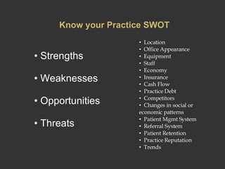 Strengths  Weaknesses Opportunities Threats Know your Practice SWOT Location Office Appearance Equipment Staff Economy Insurance Cash Flow Practice Debt Competitors Changes in social or economic patterns Patient Mgmt System Referral System Patient Retention Practice Reputation Trends 