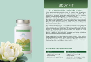 BODY FIT 
Mit 10 Teesubstanzen, L-Carnitin & Vitamin C 
Unser Nahrungsergänzungsmittel Body fit enthält eine Tee-Komplex- 
Mischung mit einem standardisierten Gehalt an Catechinen und Koffein. Diese 
kombinierten Wirkstoffe können auf natürliche Weise die Fett-Reduktion 
steigern. Daneben beinhaltet Body fit L-Carnitin und Vitamin C. 
L-Carnitin versorgt die Muskelzellen mit Fettmolekülen. Bei einer 
gesteigerten Muskelbelastung im Beruf oder im Sport kann es enorm sinnvoll 
sein, dem Körper zusätzlich „L-Carnitin“ zuzuführen. Denn so können mehr 
Fettmoleküle dem Muskel zur Verfügung gestellt werden, was zur Steigerung 
des Fettstoffwechsels führt. 
Das enthaltene Koffein steigert zusätzlich die körperliche Leistungsfähigkeit, 
indem das Atem- und Kreislaufsystem angeregt wird, was zu einer Steigerung 
des Energiestoffwechsels führen kann. Die außerdem enthaltenen Catechine 
können die körpereigene Thermogenese fördern, was ebenfalls zu einem 
erhöhten Fettstoffwechsel führen kann. 
Vitamin C wiederum unterstützt den Fettabbau durch seine antioxidative 
Wirkung und bekämpft erfolgreich freie Radikale. 
Langfristig gesehen kann das Körperfett reduziert werden und es zu einer 
Gewichtsreduzierung kommen. Dieses Produkt richtet sich an Verbraucher, 
die den Trainingseffekt von sportlichen Aktivitäten (Fettabbau einerseits und 
Muskelaufbau andererseits) gezielt fördern wollen. 
Achtung: Nicht für Schwangere geeignet! 
BODY FIT BODY FIT | 3er PACK 
Empfohlene Verzehrmenge 
für einen Monat 
Best.-Nr.: 5010 | 90 Kapseln | 34,90E 
Empfohlene Verzehrmenge 
für drei Monate 
Best.-Nr.: 5011 | 3 X 90 Kapseln | 95,00E 
(Vorteilspreis - Sie sparen 9,70E) 
 