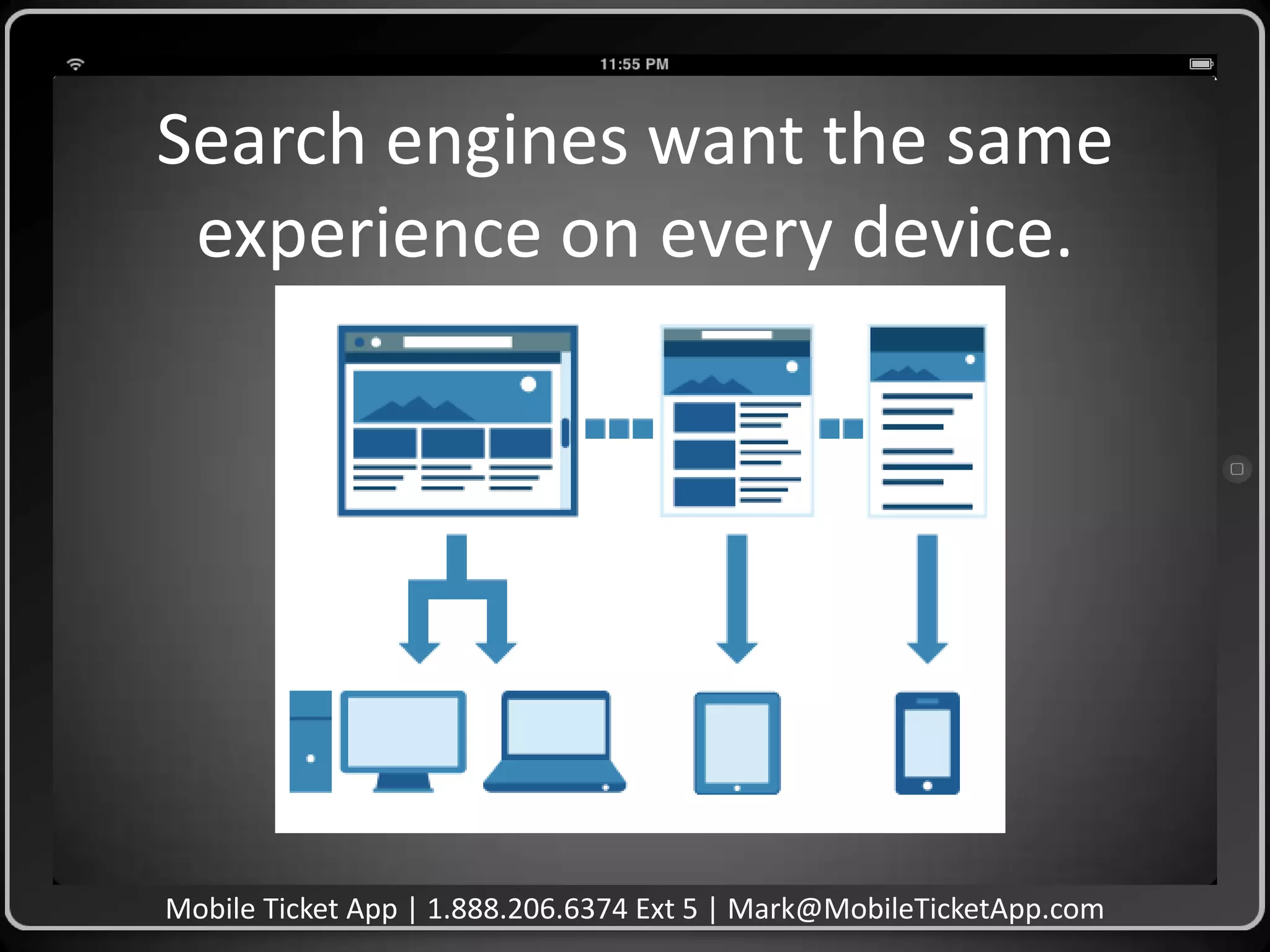 Search engines want the same
experience on every device.

Mobile Ticket App | 1.888.206.6374 Ext 5 | Mark@MobileTicketApp.com

 