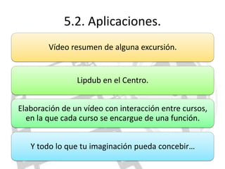 5.2. Aplicaciones.
        Vídeo resumen de alguna excursión.


                Lipdub en el Centro.


Elaboración de un vídeo con interacción entre cursos,
  en la que cada curso se encargue de una función.


   Y todo lo que tu imaginación pueda concebir…
 