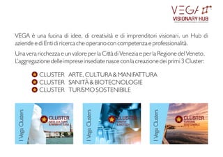 VEGA è una fucina di idee, di creatività e di imprenditori visionari, un Hub di
aziende e di Enti di ricerca che operano con competenza e professionalità.
Una vera ricchezza e un valore per la Città di Venezia e per la Regione del Veneto.
L’aggregazione delle imprese insediate nasce con la creazione dei primi 3 Cluster:
CLUSTER ARTE, CULTURA & MANIFATTURA
CLUSTER SANITÀ & BIOTECNOLOGIE
CLUSTER TURISMO SOSTENIBILE
I
Vega
Clusters
CLUSTER
ARTE CULTURA
& MANIFATTURA
CLUSTER
SANITA
& BIOTECH
’
I
Vega
Clusters
CLUSTER
TURISMO
SOSTENIBILE
I
Vega
Clusters
VISIONARY HUB
TM
redening sustainable innovation
 