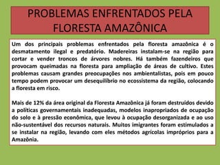 PROBLEMAS ENFRENTADOS PELA
          FLORESTA AMAZÔNICA
Um dos principais problemas enfrentados pela floresta amazônica é o
desmatamento ilegal e predatório. Madereiras instalam-se na região para
cortar e vender troncos de árvores nobres. Há também fazendeiros que
provocam queimadas na floresta para ampliação de áreas de cultivo. Estes
problemas causam grandes preocupações nos ambientalistas, pois em pouco
tempo podem provocar um desequilíbrio no ecossistema da região, colocando
a floresta em risco.

Mais de 12% da área original da Floresta Amazônica já foram destruídos devido
a políticas governamentais inadequadas, modelos inapropriados de ocupação
do solo e à pressão econômica, que levou à ocupação desorganizada e ao uso
não-sustentável dos recursos naturais. Muitos imigrantes foram estimulados a
se instalar na região, levando com eles métodos agrícolas impróprios para a
Amazônia.
 