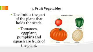5. Fruit Vegetables
• The fruit is the part
of the plant that
holds the seeds.
• Tomatoes,
eggplant,
pumpkins and
squash are fruits of
the plant.
 