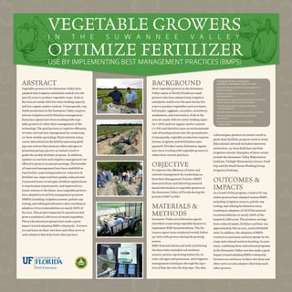 Vegetablen Growers
                     i n t h e s u w a         n e e v a l l e y
                     Optimize management practices bmps
                     use by implementing best
                                              Fertilizer                                                            (                       )


ABSTRACT                                                  BACKGROUND                                         D. Fenneman1, M. Bauer2, N. Demorest3,
                                                                                                             J. DeValerio4, R. Hochmuth2, E. Toro5 & C. Vann6
                                                                                                             University of Florida, Institute of Food and Agricultural
Vegetable growers in the Suwannee Valley have             Most vegetable growers in the Suwannee             Sciences/ Extension
adopted drip irrigation and plastic mulch over the        Valley region of North Florida are small           Madison County Extension, Madison, FL 32340,
                                                                                                             1

                                                                                                             dfenneman@ufl.edu
past 25 years to produce vegetable crops.  Soils in       growers who have adopted drip irrigation           2
                                                                                                                 Suwannee Valley Agricultural Extension Center, Live Oak, FL
the area are sandy with low water holding capacity        and plastic mulch over the past twenty five             32060, mgbauer@ufl.edu and bobhoch@ufl.edu

and low organic matter content.  Consequently, veg-       years to produce vegetables such as tomato,        3
                                                                                                                 Columbia County Extension, Lake City, FL 32024,
                                                                                                                  dndemorest@ufl.edu
etable production in the Suwannee Valley requires         bell pepper, eggplant, cucumber, strawberry,       4
                                                                                                                 Bradford County Extension, Starke, FL 32091, jtd@ufl.edu
intense irrigation and fertilization management.          muskmelon, and watermelon. Soils in the            5
                                                                                                                 Suwannee County Extension, Live Oak, FL 32064,
                                                                                                                  etoro@ufl.edu
Extension agents have been working with vege-             area are sandy with low water holding capac-       6
                                                                                                                 Lafayette County Extension, Mayo, FL 32066,
table growers to refine their management of the           ity (10%) and low organic matter content                lafayett@ufl.edu

technology. The goal has been to improve efficiency       (1.5%) and therefore pose an environmental
of water and nutrient management by conducting            risk of leaching nitrate into the groundwater.
                                                                                                           collected gave growers an instant result to
on-farm weekly sap testing. Plant nutrient status         Consequently, vegetable production requires
                                                                                                           guide their fertilizer program week to week.
can be determined in the field by squeezing plant         intense irrigation and fertilization man-
                                                                                                           Educational outreach included classroom
sap onto meters that measure either nitrogen or           agement. Florida County Extension Agents
                                                                                                           instruction, on-farm field days and drip
potassium giving a grower an instant result to            have been working with vegetable growers to
                                                                                                           irrigation schools. Examples of these events
guide the weekly fertilizer program. In addition,         refine their current practices.
                                                                                                           include the Suwannee Valley Watermelon
updates on nutrient and irrigation management are
                                                                                                           Institute, Twilight Watermelon Grower Field
offered to growers at annual meetings. The benefits
of improved management have been multifold as
                                                          OBJECTIVE                                        Day and the Small Farms Working Group
                                                          To improve the efficiency of water and           Irrigation Field day.
reported by cooperating producers: reduction in
                                                          nutrient management by conducting on-
fertilizer use, improved fruit quality, reduced envi-
ronmental losses of nitrogen, fertilizer applications
                                                          farm Best Management Practice (BMP)
                                                          demonstrations and delivering research
                                                                                                           OUTCOMES 
to match plant requirements, and improved eco-
nomic returns to the farms. Area vegetable growers
                                                          based information to vegetable growers in        IMPACTS
                                                          the Suwannee Valley of Florida during the        As a result of this program, a total of 31 veg-
have adopted several best management practices
                                                          period of 2007 to 2011.                          etable growers have adopted various BMPs
(BMPs) including: irrigation sensors, petiole-sap
                                                                                                           including: irrigation sensors, petiole-sap
testing, and refining fertilization rates; resulting in
adoption of recommendations on nearly 100% of             MATERIALS                                       testing, and refining fertilization rates;
                                                                                                           resulting in adoption of UF/IFAS nutrient
the area. This project impacted 31 operations that
grow a combined 1,500 acres of mixed vegetables.
                                                          METHODS                                          recommendations on nearly 100% of the
                                                          Suwannee Valley area Extension agents            targeted 1,500 acres. The producer savings
These educational programs have made a great
                                                          identified cooperating vegetable farmers to      from reduced inputs, fertilizer and fuel, was
impact toward adopting BMPs voluntarily.  Growers
                                                          implement BMP demonstrations. The Ex-            approximately $65 an acre, nearly $100,000
see and learn on their own farm and often serve as
                                                          tension agent team conducted weekly follow       total. In addition, the adoption of BMPs
early adopters that help teach other growers.
                                                          up visits with growers during the growing        resulted in maximum nutrient uptake by the
                                                          season.                                          crops and reduced nutrient leaching. In sum-
                                                          BMP demonstrations and tools used during         mary, combining these educational programs
                                                          the farm visits included: soil moisture          in the Suwannee Valley area has made a great
                                                          sensors, petiole-sap testing meters for ni-      impact toward adopting BMPs voluntarily.
                                                          trate-nitrogen and potassium, and irrigation     Growers see and learn on their own farm and
                                                          management techniques through the injec-         often serve as early adopters that help teach
                                                          tion of blue dye into the drip tape. The data    other growers.
 