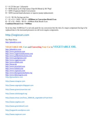 U = 0.125 litre per 1 kilometre
S = $0.86 diesel @ $1.65pl minus Chip Oil Blend @ $0.79cpl
C = $495 (Vegiecars Quick Conversion)
R = $450 (second hand alternator or injector pump replacement)

U x S = $0.10c Savings per km
C ÷ (U x S ) = $495 ÷ $0.10 = 4950kms to Conversion Break Even
R ÷ (U x S) = $450 ÷ $0.10 = 4500kms Risk Break Even
Combined Break Even = 9450km

So in less than 10,000 km I¶ve not only paid for my conversion but the risk of a major component having to be
replaced due to the increased pressures on old worn engine components.

http://vegiecars.com
See Plant Drive
http://plantdrive.com

VEGETABLE OIL Cars and Converting Your Car to VEGETABLE                                OIL
http://plantdrive.com
http://www.greasecar.com
http://www.vegpoweredsystems.com
http://www.goldenfuelsystems.com
http://www.goodgrease.com
http://www.vegpower.com
http://www.elsbett.com
http://biocar.de
http://www.enviofuel.com
http://www.frybrid.com
http://www.vegiecars.com
http://www.theorganicmechanic.org
http://www.fattywagons.com
http://greasebenz.com

http://www.vtvegcar.com

http://www.vegengine.blogspot.com

http://www.greenconversion.net

http://www.alaskavegoil.org

http://www.ehow.com/how_2004136_vegetable-oil-fuel.html

http://www.vegdvw.com

http://www.greendiesel1.com

http://vegwerks.wordpress.com

http://www.vegiecars.com
 