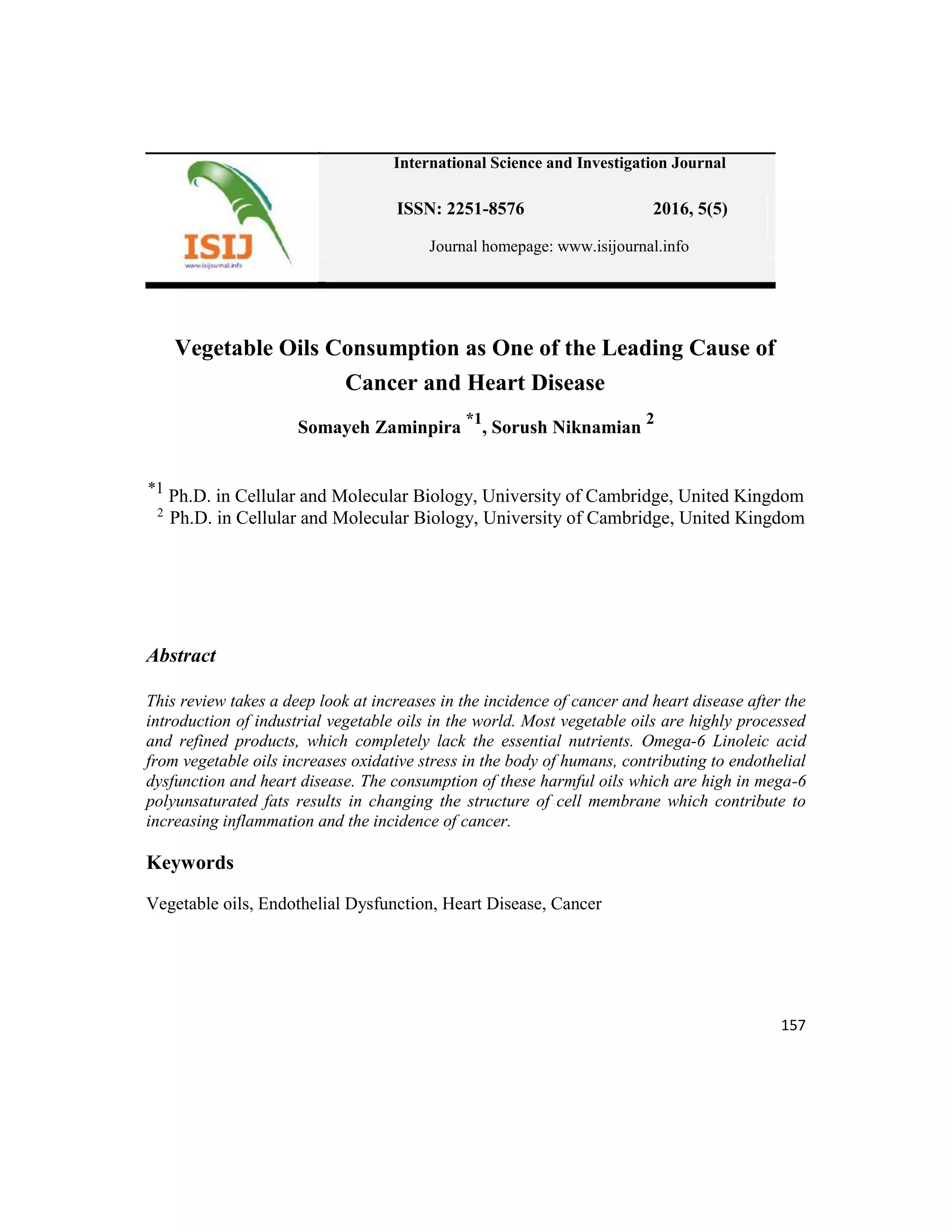 Vegetable oils consumption as one of the leading cause of cancer and