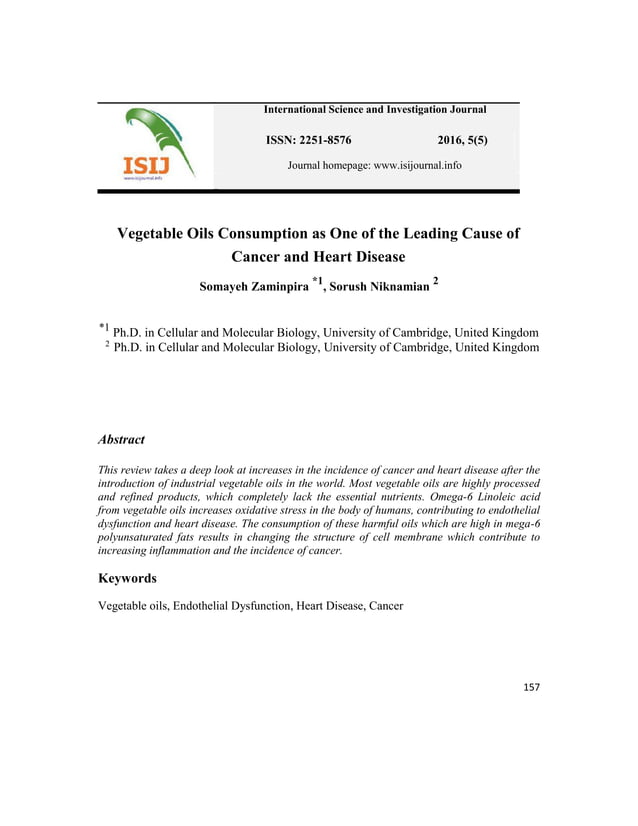 Vegetable oils consumption as one of the leading cause of cancer and