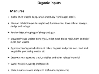 Manures
 Cattle shed wastes-dung, urine and slurry from biogas plants
 Human habitation wastes-night soil, human urine, town refuse, sewage,
sludge and sullage
 Poultry litter, droppings of sheep and goat
 Slaughterhouse wastes-bone meal, meat meal, blood meal, horn and hoof
meal, Fish wastes
 Byproducts of agro industries-oil cakes, bagasse and press mud, fruit and
vegetable processing wastes etc
 Crop wastes-sugarcane trash, stubbles and other related material
 Water hyacinth, weeds and tank silt
 Green manure crops and green leaf manuring material
Organic inputs
 