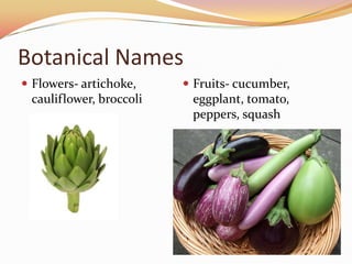 Botanical NamesFlowers- artichoke, cauliflower, broccoliFruits- cucumber, eggplant, tomato, peppers, squash