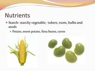 NutrientsStarch- starchy vegetable;  tubers, roots, bulbs and seedsPotato, sweet potato, lima beans, corns