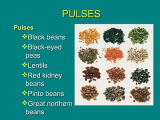 Culinary Essentials
Copyright © Glencoe/McGraw-Hill,
a division of The McGraw-Hill Companies, Inc.
PULSESPULSES
PulsesPulses
Black beansBlack beans
Black-eyedBlack-eyed
peaspeas
LentilsLentils
Red kidneyRed kidney
beansbeans
Pinto beansPinto beans
Great northernGreat northern
beansbeans
 