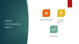 Other
Commercial
terms
RETURN OF DEFECTIVE DAMAGE
UNSOLD TERMS
(Sold at lower
price)
 