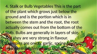 4. Stalk or Bulb Vegetables This is the part
of the plant which grows just below the
ground and is the portion which is in
between the stem and the root, the root
actually comes out from the bottom of the
bulb. Bulbs are generally in layers of skin
and they are very strong in flavour.
Examples are onion, garlic, spring onion,
leek, kohlrabi, fennel and shallots.
 