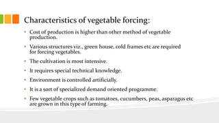 Characteristics of vegetable forcing:
• Cost of production is higher than other method of vegetable
production.
• Various structures viz., green house, cold frames etc are required
for forcing vegetables.
• The cultivation is most intensive.
• It requires special technical knowledge.
• Environment is controlled artificially.
• It is a sort of specialized demand oriented programme.
• Few vegetable crops such as tomatoes, cucumbers, peas, asparagus etc
are grown in this type of farming.
 