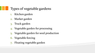 Types of vegetable gardens
1. Kitchen garden
2. Market garden
3. Truck garden
4. Vegetable garden for processing
5. Vegetable garden for seed production
6. Vegetable forcing
7. Floating vegetable garden
 