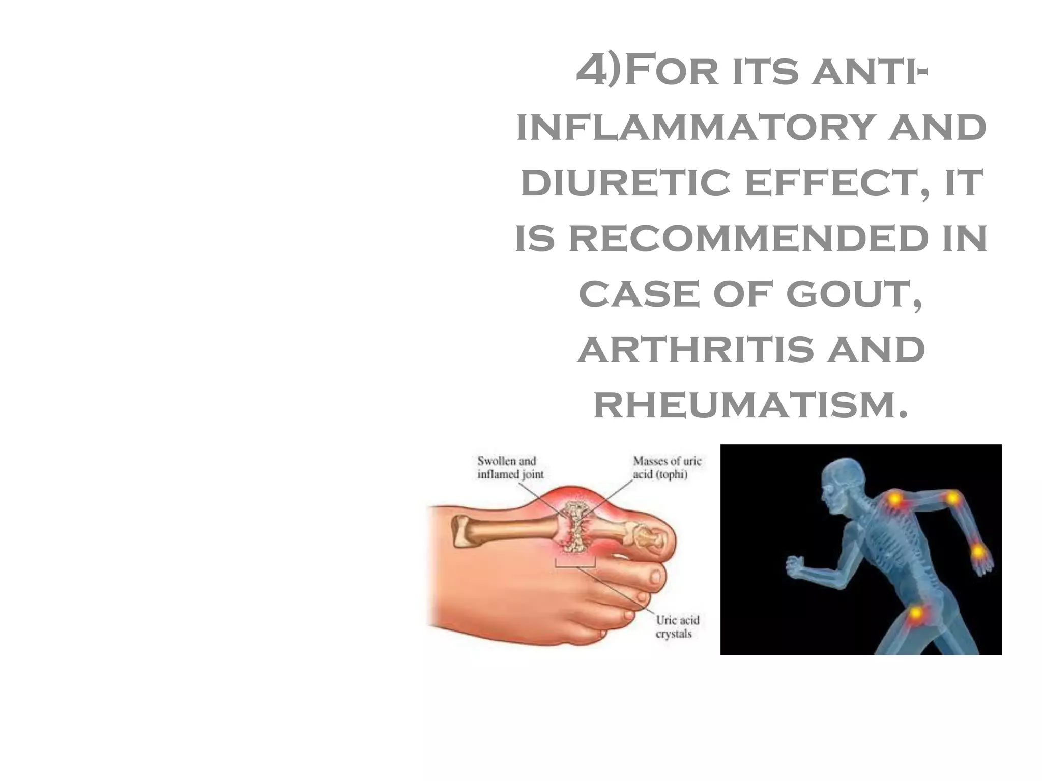 4)For its anti-
inflammatory and
diuretic effect, it
is recommended in
case of gout,
arthritis and
rheumatism.
 