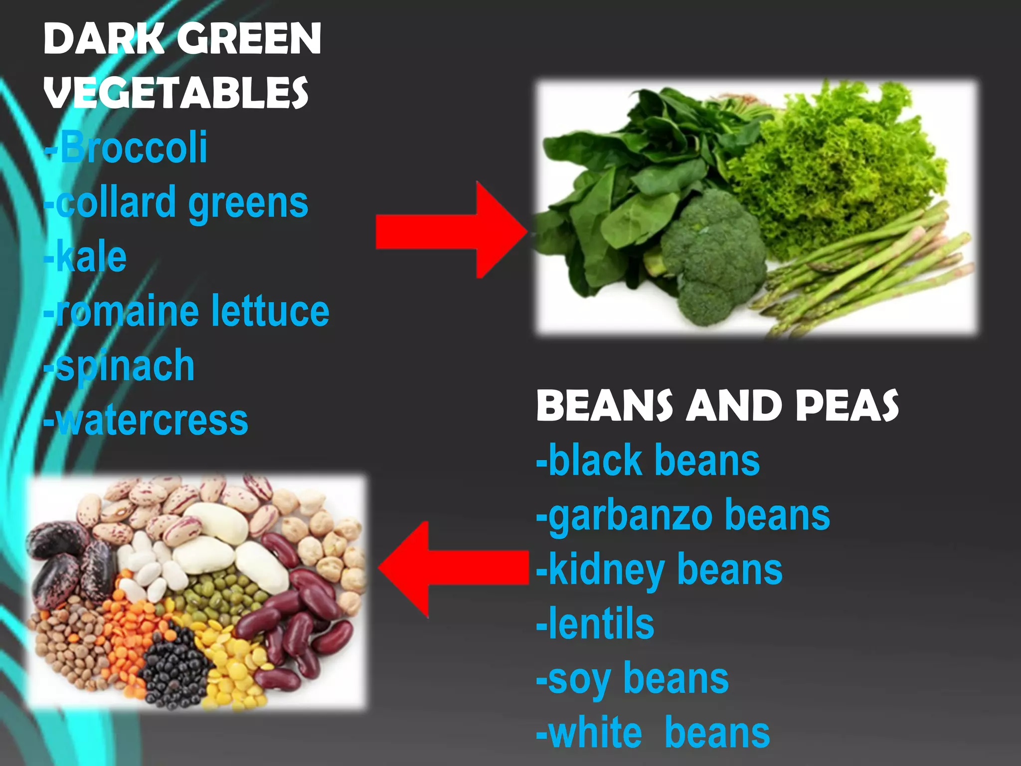 DARK GREEN
VEGETABLES
-Broccoli
-collard greens
-kale
-romaine lettuce
-spinach
-watercress BEANS AND PEAS
-black beans
-garbanzo beans
-kidney beans
-lentils
-soy beans
-white beans
 
