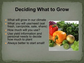 ● What will grow in our climate
● What you will use/need (eat
fresh, can/pickle, sale, share)
● How much will you use?
● Use yield information and
personal needs to decide
how much to plant
● Always better to start small!
Deciding What to Grow
 